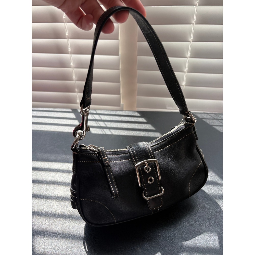 Coach Shoulder Bag Women Small Black Excellent Buckle Leather J20-7342 Stitching